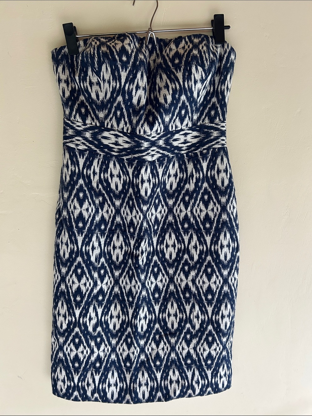 Banana Republic Strapless Navy and White Patterned Sheath Dress